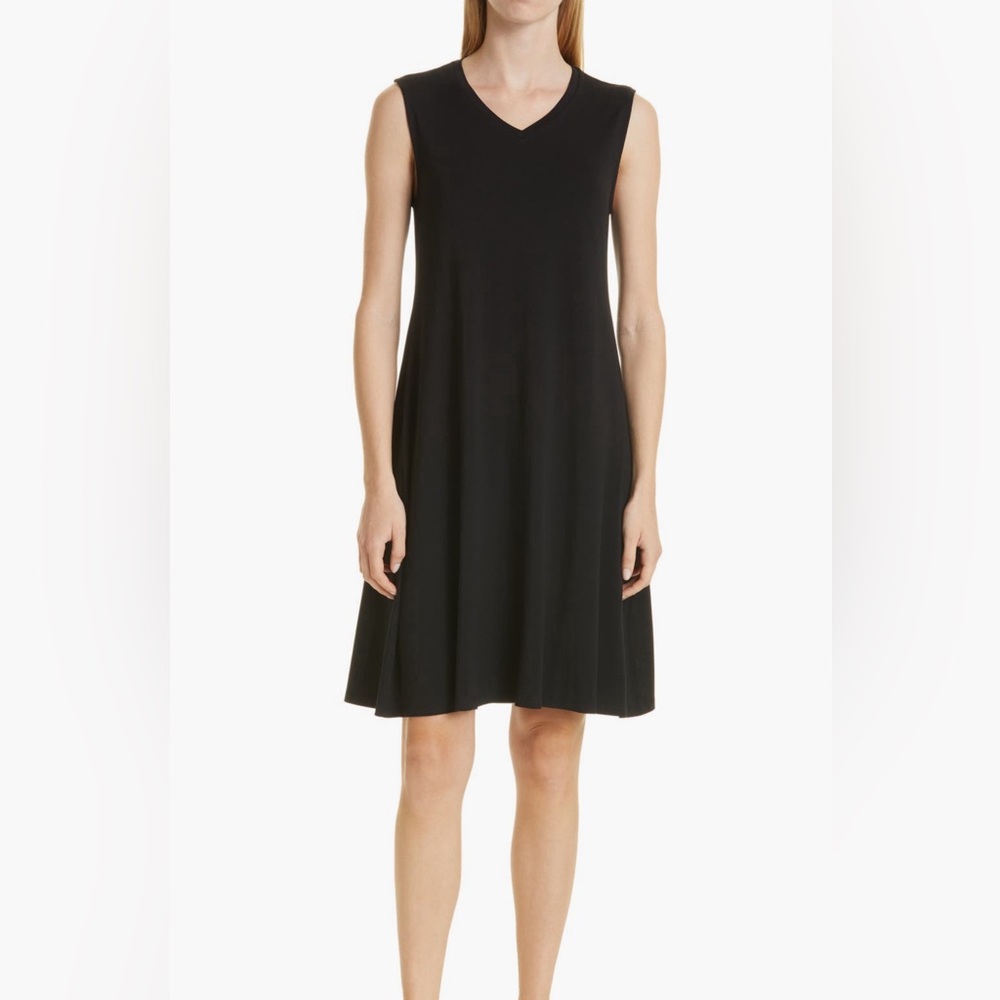 🆕 EILEEN FISHER Black Sleeveless V-Neck K/L Dress | Sz. S/P  (S2FTE-D5120M) 🆕